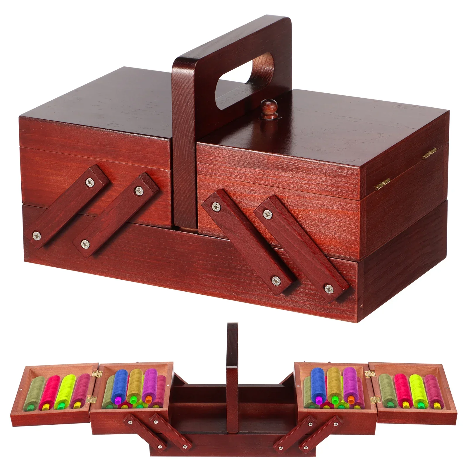 Reel Handle - Expandable Sewing Thread Box Wood Vintage